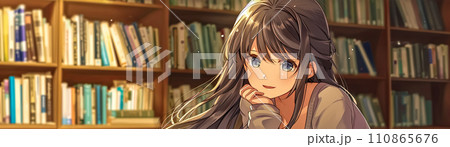 AI-generated content. thoughtful young woman with flowing brown hair, leaning on her hand, with a backdrop of a bookshelf filled with various books, evoking a sense of knowledge and introspection 110865676