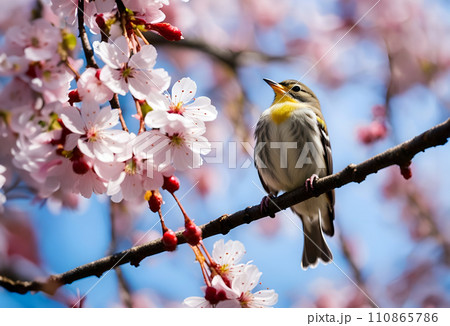 ウグイス・満開の桜（青空）AI生成画像 110865786