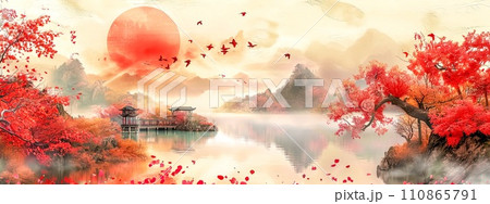 AI-generated content. Chinese landscape with red autumn trees, traditional pavilion, and a rising sun, exuding a tranquil and mystical atmosphere 110865791