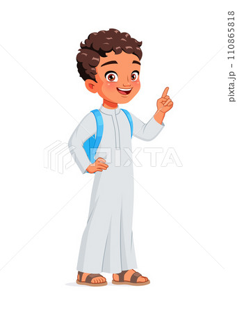 Cute Arab school boy index finger pointing up with idea. Cartoon vector illustration. Cute Arab school boy index finger pointing up with idea. Cartoon vector illustration. 110865818