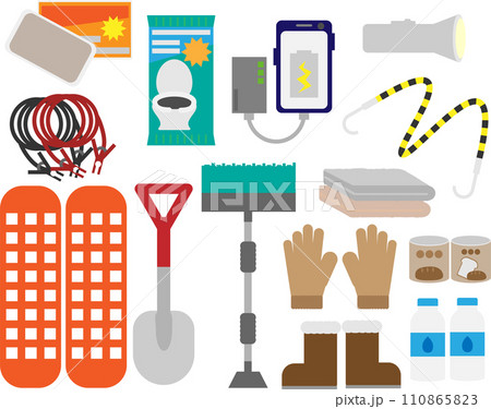 雪道運転の時万が一の立ち往生に備えておきたいアイテムの素材セット 雪道運転の時万が一の立ち往生に備えておきたいアイテムの素材セット 110865823