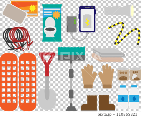 A material set of items you should have in case you get stuck while driving on a snowy road. 110865823