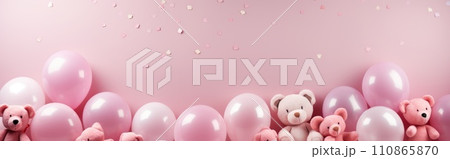 Pink air balloons heart shape on a white background. Concept wedding, valentines day, photo zone, lovers. Banner. Flat lay, top view 110865870