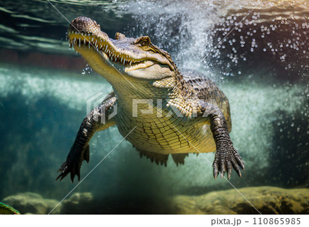 水中で獲物を狙うワニ　AI生成画像 110865985