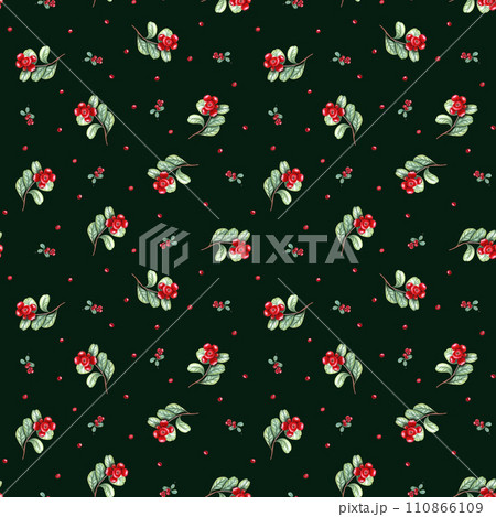 Seamless pattern of wild lingonberry berries with stem and leaves. Fresh partridgeberries on dark green background. Ripe red cowberries. Watercolor illustration for textile, package 110866109