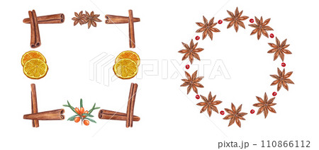 Set with spice frame and wreath. Cinnamons sticks, star anise, sea buckthorn, orange slices, cowberry. Watercolor illustration of berries, citrus and brown spices. Copy space for text 110866112