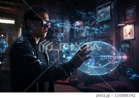 Futuristic Interface- Man Interacting with Holographic Projections 110866342