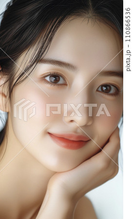 美容液を塗って肌に潤いがある女性の顔アップ（AI生成画像） 110866536