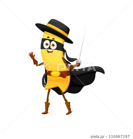 Cartoon lasagna pasta superhero character wielding rapier sword with costume featuring black cape, hat and mask. Funny noodle comics book personage ready to save the world and fight with criminals 110867297