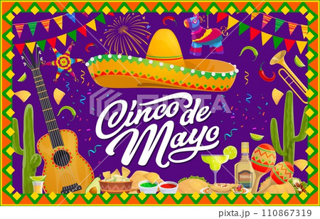 Mexican Cinco de Mayo holiday banner or flyer with sombrero, guitar, national cuisine and pinata, vector background. 5 may holiday, Mexico fiesta festival food, tequila, avocado with guitar or maracas 110867319
