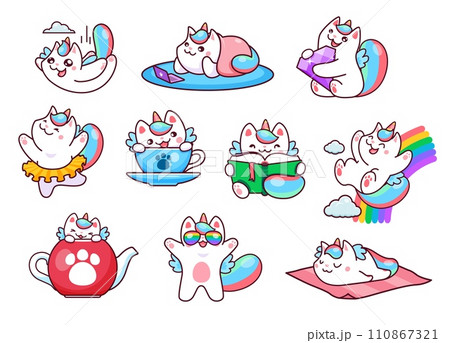 Cartoon funny cute caticorn characters or kitty cat unicorns, vector kids animals. Cheerful rainbow caticorn or kitty unicorn on cloud with sunglasses, happy caticorn ballerina dance or magic princess Cartoon funny cute caticorn characters or kitty cat unicorns, vector kids animals. Cheerful rainbow caticorn or kitty unicorn on cloud with sunglasses, happy caticorn ballerina dance or magic princess 110867321