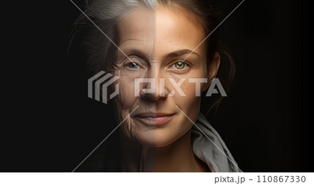 the photograph split a subject into 2 ports. Split the subject showing an old woman is shown to be age 80 on the left side and a young woman is shown to be age 20 on the right side the photograph split a subject into 2 ports. Split the subject showing an old woman is shown to be age 80 on the left side and a young woman is shown to be age 20 on the right side 110867330
