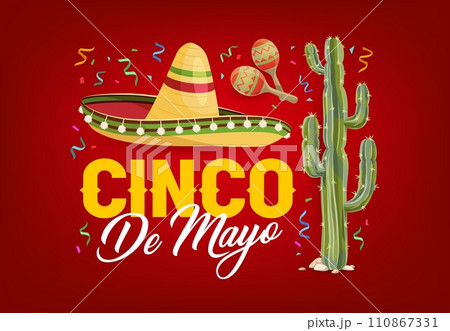 Cinco de mayo holiday banner. Mexican sombrero, maracas, confetti and cactus traditional symbols of Mexico. Cartoon vector greeting card for party celebration. National Latin America celebratory event 110867331