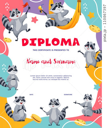 Kids diploma cartoon funny raccoon characters. Educational school or kindergarten certificate with funny forest animal personages, vector award frame template. Student trophy, honor achievement Kids diploma cartoon funny raccoon characters. Educational school or kindergarten certificate with funny forest animal personages, vector award frame template. Student trophy, honor achievement 110867397