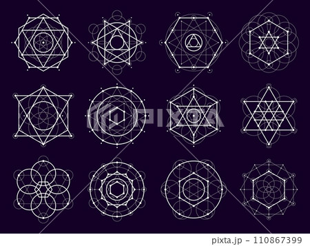 Sacred geometric shapes. Mystery, magic and esoteric symbols of spiritual arts. Vector line circle, triangle, hexagon, square and star patterns of sacred geometry, pentagram, mandala or crystal grid 110867399