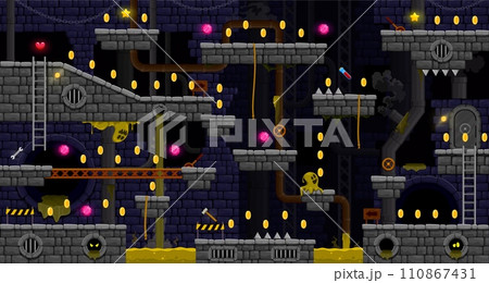 Dark arcade underground of sewage wastewater for game level map, vector interface. Stone platforms and coins, stairs and ghosts with gems and monster slimes on platforms for arcade game background Dark arcade underground of sewage wastewater for game level map, vector interface. Stone platforms and coins, stairs and ghosts with gems and monster slimes on platforms for arcade game background 110867431