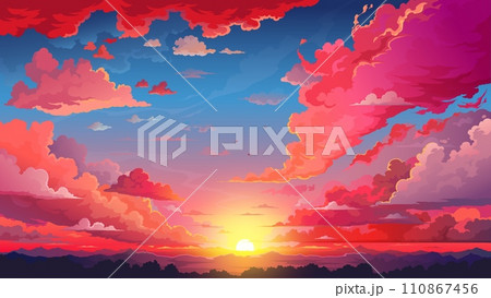 Red sky sunset anime background with fluffy clouds and sun. Cartoon vector beautiful nature landscape, vivid bright cloudscape with shining rays over the mountain peaks and tree crowns, evening view 110867456