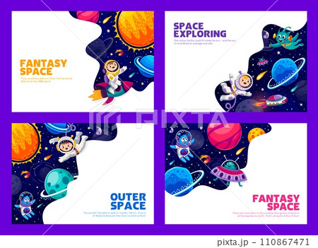 Cartoon space posters. Kids astronauts and aliens characters flying on rocket and UFO, fantasy planets, fire asteroids and comets with starry galaxy landscape background. Outer space travel, astronomy Cartoon space posters. Kids astronauts and aliens characters flying on rocket and UFO, fantasy planets, fire asteroids and comets with starry galaxy landscape background. Outer space travel, astronomy 110867471