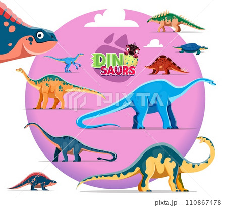 Cartoon dinosaurs cute characters. Polacanthus, Henodus, Wuerhosaurus and Eoraptor, Apatosaurus, Haplocanthosaurus, Shunosaurus and Melanorosaurus, Lotosaurus Mesozoic era dinosaurs funny personages 110867478