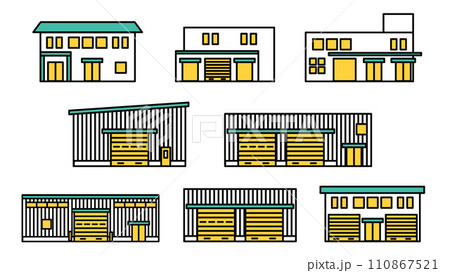 様々な工場の建物のシンプルなアイコンセットA 110867521