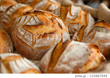 AI-generated content. Fresh bread in artisanal bakery. Bread baking production, close up 110867849