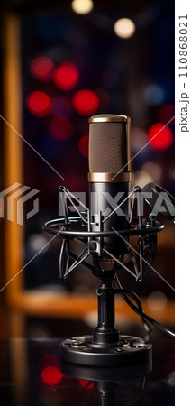 Sound recording microphone on black background. Poster with copy space. Sound recording microphone on black background. Poster with copy space. 110868021