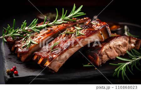 Grilled pork ribs with grilled sauce, with smoke, spices and rosemary Grilled pork ribs with grilled sauce, with smoke, spices and rosemary 110868023