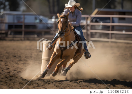women horse barrel racing, neural network generated image 110868218