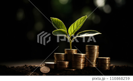 plant and money growing up on stacks of coins, neural network generated image plant and money growing up on stacks of coins, neural network generated image 110868259
