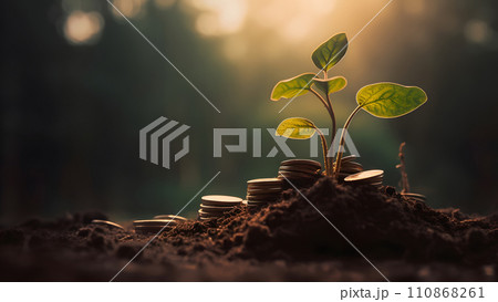 plant and money growing up on stacks of coins, neural network generated image plant and money growing up on stacks of coins, neural network generated image 110868261