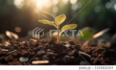 plant and money growing up on stacks of coins, neural network generated image plant and money growing up on stacks of coins, neural network generated image 110868264
