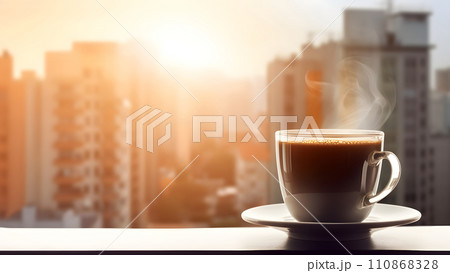 hot coffee cup on windowsill with blurry morning city in the background, neural network generated image hot coffee cup on windowsill with blurry morning city in the background, neural network generated image 110868328