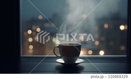 hot coffee cup on windowsill with blurry night city in the background, neural network generated image 110868329