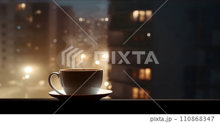 hot coffee cup on windowsill with blurry night city in the background, neural network generated image hot coffee cup on windowsill with blurry night city in the background, neural network generated image 110868347