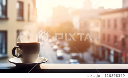 hot coffee cup on windowsill with blurry morning city in the background, neural network generated image hot coffee cup on windowsill with blurry morning city in the background, neural network generated image 110868349