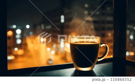 hot coffee cup on windowsill with blurry night city in the background, neural network generated image 110868352