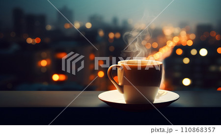 hot coffee cup on windowsill with blurry night city in the background, neural network generated image 110868357