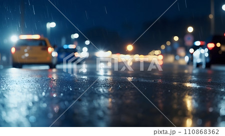 cars on a highway at rainy night, closeup with selective focus and bokeh blur, neural network generated image 110868362