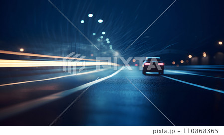 one car on a highway at rainy night near long exposure trails of traffic, neural network generated image 110868365