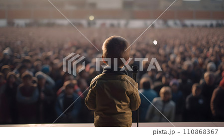 Small child gives a speech on stage in front of thousands people crowd, view from behind, neural network generated picture 110868367