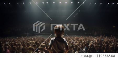 Small child gives a speech on stage in front of thousands people crowd, view from behind, neural network generated picture 110868368