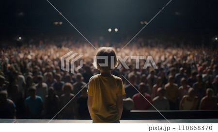 Small child gives a speech on stage in front of thousands people crowd, view from behind, neural network generated picture 110868370