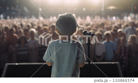 Small child gives a speech on stage in front of thousands people crowd, view from behind, neural network generated picture 110868374