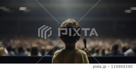Small child gives a speech on stage in front of thousands people crowd, view from behind, neural network generated picture Small child gives a speech on stage in front of thousands people crowd, view from behind, neural network generated picture 110868380