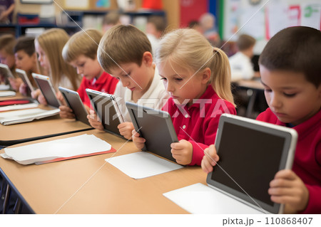 Technology in Classroom - children students in school using tablet computers during education process, photorealistic, neural network generated image Technology in Classroom - children students in school using tablet computers during education process, photorealistic, neural network generated image 110868407