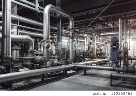 Equipment piping inside of a modern chemical refinery, neural network generated picture Equipment piping inside of a modern chemical refinery, neural network generated picture 110868462