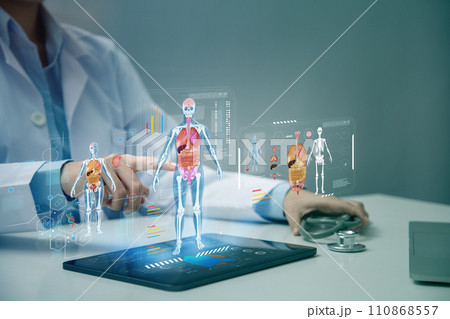 Artificial intelligence AI used to improve the accuracy of medical diagnosis through virtual screens. Electronic medical records can analyzed to identify things that may indicate a specific disease. Artificial intelligence AI used to improve the accuracy of medical diagnosis through virtual screens. Electronic medical records can analyzed to identify things that may indicate a specific disease. 110868557