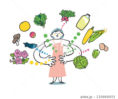 美味しそうな野菜や食材と女性　イラスト素材 110868933