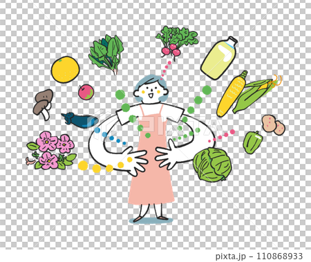美味しそうな野菜や食材と女性　イラスト素材 110868933