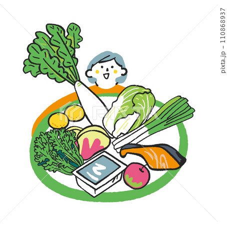 美味しそうな夏野菜や食材と女性　イラスト素材 110868937